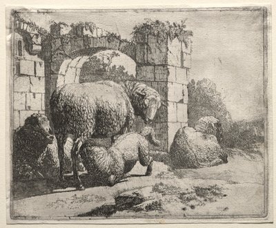 Owce w pobliżu ruin łuku autorstwa Johann Heinrich Roos