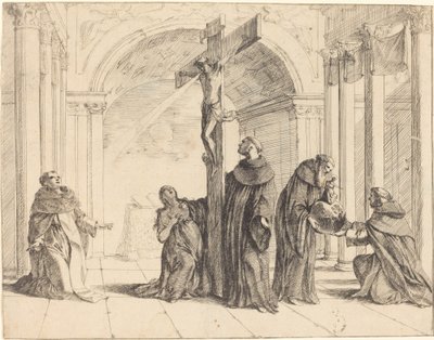 Krucyfiks w kościele ze świętymi Tomaszem z Akwinu, Marią Magdaleną, Albertusem Magnusem i innymi autorstwa Johann Heinrich Schönfeld