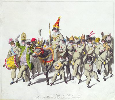 Procesja Kinga Puncha podczas karnawału rzymskiego, początek XIX w. (kolorowe grawerowanie) autorstwa Johann Heinrich Stuermer
