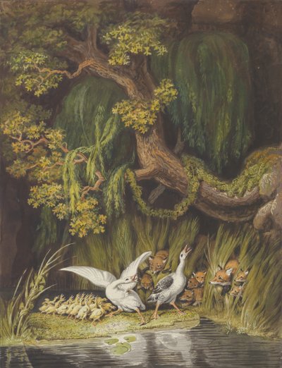 Gęś i Gąsior z gęsiami trąbiącymi w alarmie jako dwa lisy..., połowa XVIII - początek XIX w. autorstwa Johann Heinrich Wilhelm Tischbein