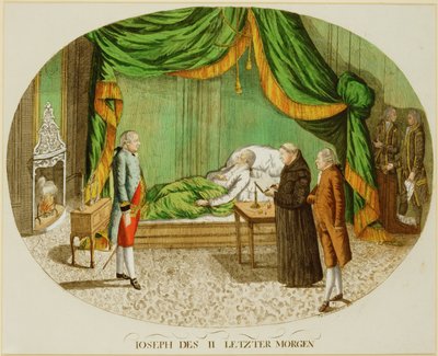 Ostatni poranek cesarza Józefa II (kolorowa rycina) autorstwa Johann Hieronymus Loeschenkohl