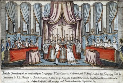 Marie-Louise poślubiła Napoleona przez pełnomocnika w Wiedniu, z arcyksięciem Karolem za Napoleona - Loeschenkohl, Johann Hieronymus (1753-1807) - 1810 - Akwaforta, akwarela - 33,4x44,5 - Kolekcja prywatna autorstwa Johann Hieronymus Loeschenkohl