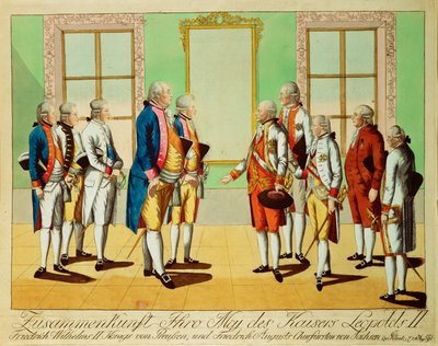 Spotkanie cesarza Leopolda II z królem Prus Fryderykiem Wilhelmem III i elektorem Saksonii Fryderykiem Augustem w zamku Pilnitz... (rycina) autorstwa Johann Hieronymus Loeschenkohl
