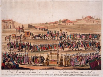 Wejście sułtana Selima III (1761-1808) do Opasania szabli 13 kwietnia 1789 - Loeschenkohl, Johann Hieronymus (1753-1807) - 1789 - Akwaforta, akwarela - 38,6x50,2 - Zbiory prywatne autorstwa Johann Hieronymus Loeschenkohl