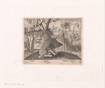 Seria grafik z kwiatami i zwierzętami w krajobrazie Krajobraz z wilkiem i roślinami Krajobrazy ze zwierzętami, roślinami i kwiatami (tytuł serii) autorstwa Johann Hogenberg