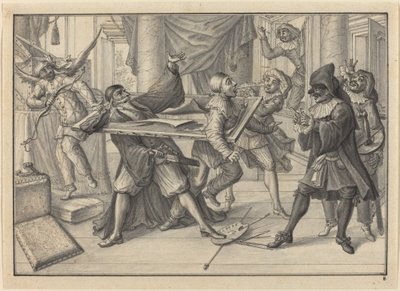 Mezzetin i Arlekin łapią Pantalona i Pierrota za pomocą ramki na zdjęcia autorstwa Johann Jacob Schubler