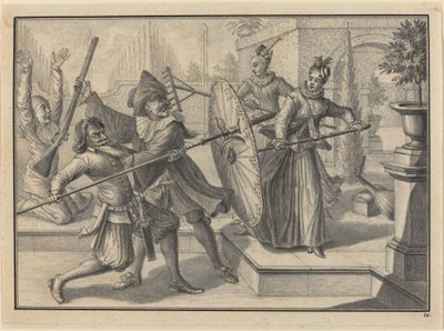 Pantaloon i Doktor walczący z Columbine i Brigatellą w ogrodzie autorstwa Johann Jacob Schubler