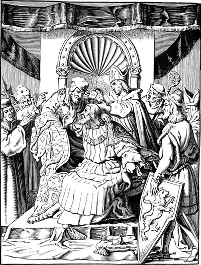 Abdykacja cesarza Henryka IV w Ingelheim Ilustracja z historii narodu niemieckiego autorstwa E. Dullera, 1840 autorstwa Johann Jakob Kirchhoff