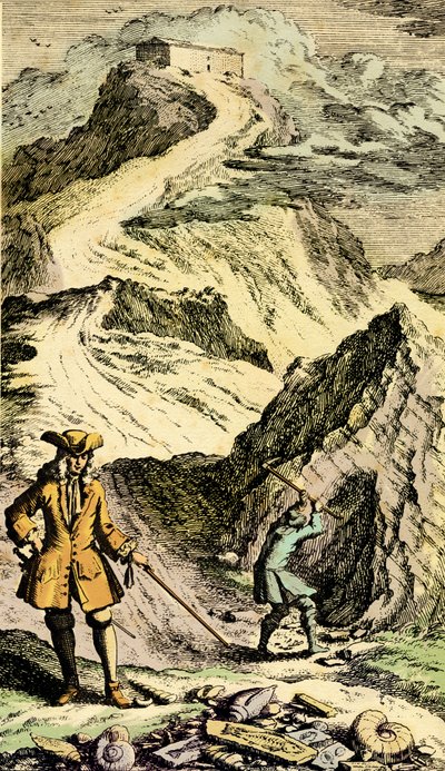 Paleontologia: szwajcarski przyrodnik Johann Jakob Scheuchzer (1672-1733) odkrył dzięki skamielinom w szwajcarskich górach ślady potopu powszechnego. Rycina z „Muzeum Diluvianum”” autorstwa Johann Jakob Scheuchzer