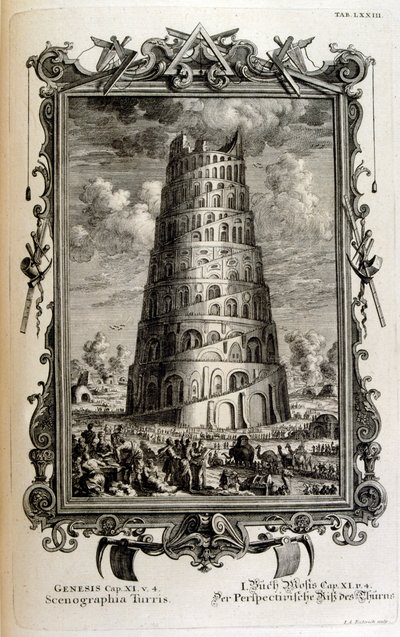 Plan wieży Babel widziany z boku autorstwa Johann Jakob Scheuchzer