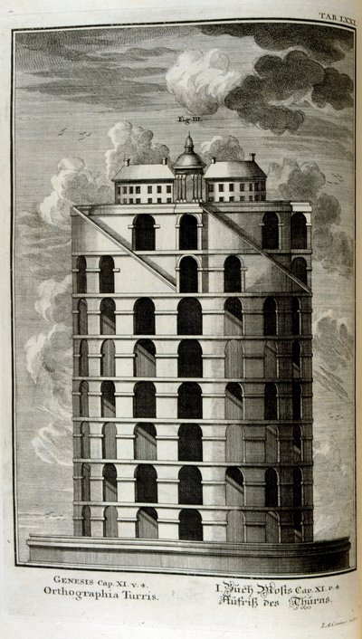 Plan wieży Babel widziany z boku autorstwa Johann Jakob Scheuchzer