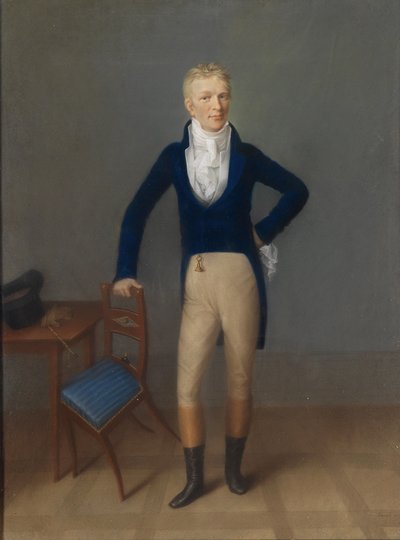 Pełnometrażowy portret jasnowłosego dżentelmena w stroju jeździeckim, opartego o oparcie krzesła autorstwa Johann Lorenz Kreul