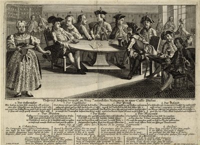 Rozmowa 7 narodów biorących udział w wojnie w kawiarni, 1757 autorstwa Johann Lorenz Rugendas the Elder