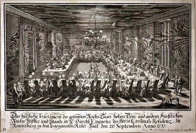 Bankiet w Sali Królewskiej w Pałacu Kardynała Ratyzbony, 26 września 1717 (rycina) autorstwa Johann Matthias and Geyer Andreas Steidlin