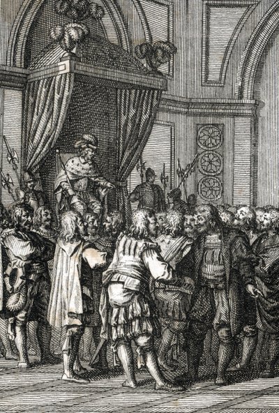 Przedstawienie Wilhelma I (lub Wilhelma II, hrabiego Holandii) (1227-1256) w 1255 r. (Hrabia Willem II z Holandii nadający przywileje) Rycina autorstwa Johanna Michaela Mettenleitera (1765-1853) 1800 Kolekcja prywatna autorstwa Johann Michael Mettenleiter