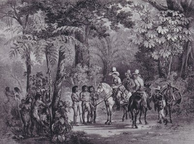 Spotkanie Indian z europejskimi odkrywcami z „Malowniczej podróży do Brazylii” autorstwa Johann Moritz Rugendas