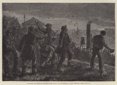 Napaść na niemieckich studentów przez Słowian w Kuchelbad koło Pragi (rycina) autorstwa Johann Nepomuk (after) Schonberg