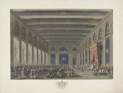 Instytucja Stanów Generalnych przez króla Wilhelma I w Brukseli 21 września 1815 r. Dwanaście tablic przedstawiających przybycie i inaugurację Wilhelma I w Brukseli oraz bitwy pod Quatre-Bras i Waterloo w 1815 roku (tytuł serii) autorstwa Johann Nepomuk Gibèle (possibly)