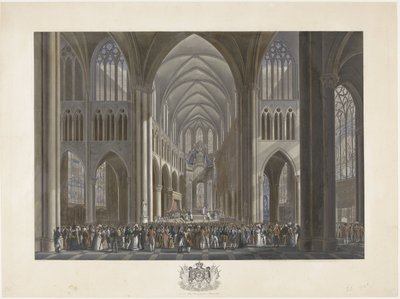 Błogosławieństwo króla Wilhelma I w kościele św. Guduli w Brukseli 21 września 1815 r. Dwanaście tablic przedstawiających przybycie i inaugurację Wilhelma I w Brukseli oraz bitwy pod Quatre-Bras i Waterloo w 1815 roku (tytuł serii) autorstwa Johann Nepomuk Gibèle (possibly)