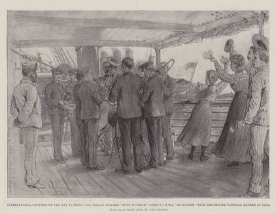 Międzynarodowa uprzejmość w drodze do Chin, niemiecki parowiec Prinz Heinrich pozdrawiający HMS Highflyer brytyjskim hymnem narodowym w Suezie autorstwa Johann Nepomuk Schonberg