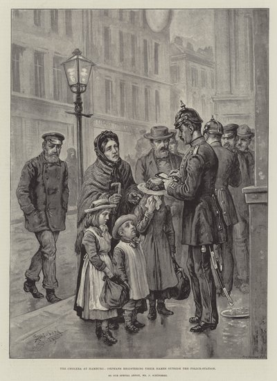 Cholera w Hamburgu, sieroty rejestrujące swoje imiona poza komisariatem autorstwa Johann Nepomuk Schonberg