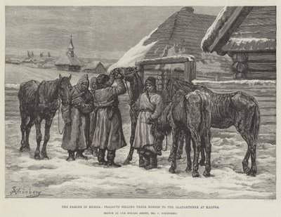 Głód w Rosji, chłopi sprzedający swoje konie rzeźnikowi w Kałudze autorstwa Johann Nepomuk Schonberg