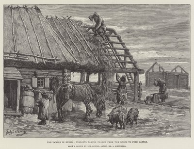 Głód w Rosji, Chłopi zabierający Strzechę z Dachów, by nakarmić Bydło autorstwa Johann Nepomuk Schonberg