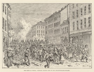 Zamieszki w Wiedniu, husaria w pogoni za mafią na Lerchenfelder-Strasse autorstwa Johann Nepomuk Schonberg