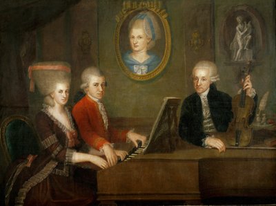 Rodzina Mozartów: Wolfgang i jego siostra Nannerl przy fortepianie; ojciec Leopold Mozart ze skrzypcami ... (olej na płótnie) autorstwa Johann Nepomuk della Croce