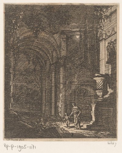 Dwie postacie oświetlają starożytne ruiny pochodnią Starożytne ruiny i budynki (tytuł serii) Alcune Inventione de Ruini et Architectura (...) (tytuł serii) autorstwa Johann Oswald Harms