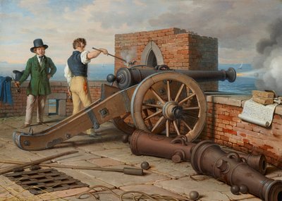 Przyjaciele artystów rozwiązują strzał z armaty w twierdzy Michele niedaleko Ostii (Ferdinand Jagemann i Peter Krafft) autorstwa Johann Peter Krafft