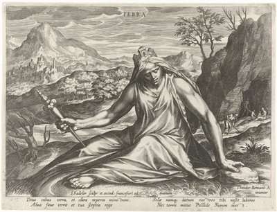 Ziemia uosobiona przez boginię Kybele Terra (tytuł na obiekcie) Cztery żywioły jako postacie mitologiczne (tytuł serii) autorstwa Johann Sadeler (I)