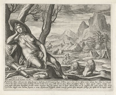 Afryka Afryka (tytuł na obiekcie) Cztery kontynenty (tytuł serii) autorstwa Johann Sadeler (I)