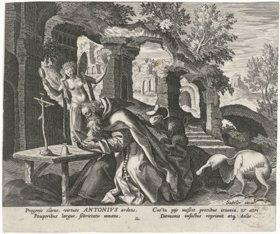 Antoni Wielki jako pustelnik Mężczyzna pustelnicy (tytuł serii) Solitudo Sive Vitae Patrum Eremicolarum (tytuł serii) autorstwa Johann Sadeler (I)