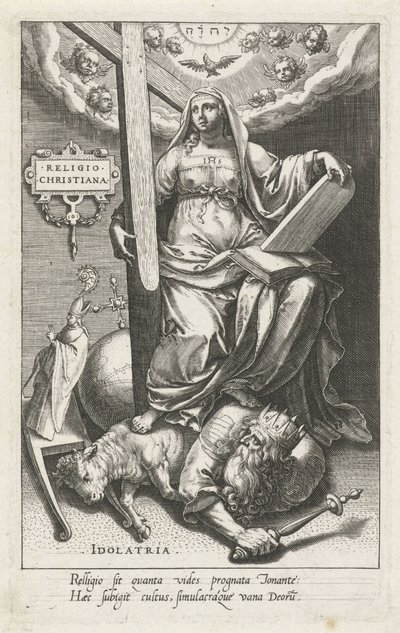 Religia chrześcijańska (Religio Christiana) przezwycięża bałwochwalstwo (Idolatria) Religia Christiana (tytuł na obiekcie) Cnoty zwyciężają wady (tytuł serii) autorstwa Johann Sadeler (I)