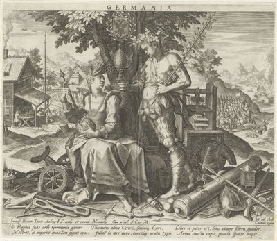 Niemcy z Ceres i Bachus Germania (tytuł na obiekcie) Alegoryczne przedstawienia krajów europejskich (tytuł serii) autorstwa Johann Sadeler (I)