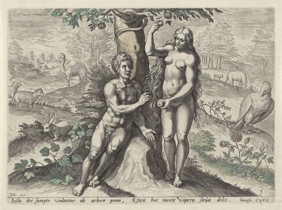 Ewa uwodzi Adama Upadek człowieka (tytuł serii) autorstwa Johann Sadeler (I)