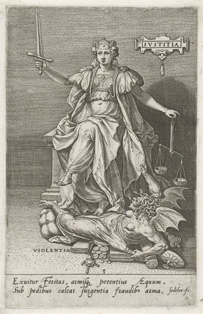 Sprawiedliwość (Justitia) pokonuje przemoc (Violentia) Sprawiedliwość (tytuł na przedmiocie) Cnoty zwyciężają wady (tytuł serii) autorstwa Johann Sadeler (I)