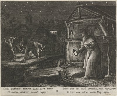 Święty Alphegus z Canterbury jako pustelnik Cnotliwe życie pustelników (tytuł serii) Trophaeum vitae solitariae (tytuł serii) autorstwa Johann Sadeler (I)