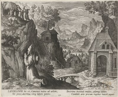 Święty Landelin jako pustelnik Pustelnicy (tytuł serii) Oraculum Anachoreticum (tytuł serii) autorstwa Johann Sadeler (I)