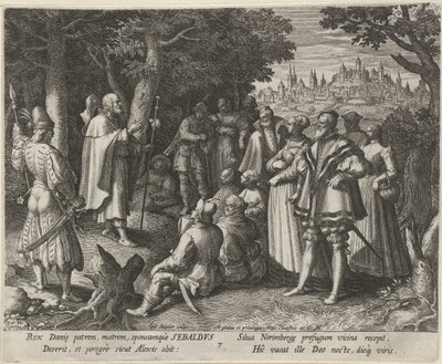 Święty Sebaldus z Norymbergi jako pustelnik Cnotliwe życie pustelników (tytuł serii) Trophaeum vitae solitariae (tytuł serii) autorstwa Johann Sadeler (I)