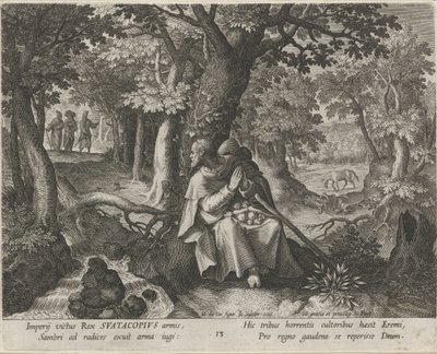 Św Suatacopius jako pustelnik Cnotliwe życie pustelników (tytuł serii) Trophaeum vitae solitariae (tytuł serii) autorstwa Johann Sadeler (I)