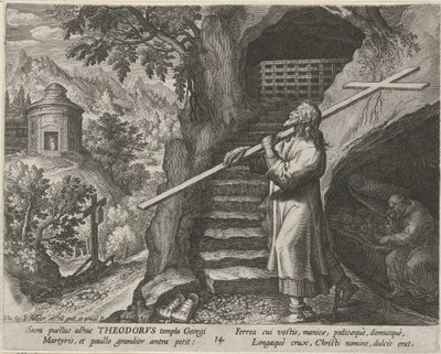Święty Teodor Tiro jako pustelnik Cnotliwe życie pustelników (tytuł serii) Trophaeum vitae solitariae (tytuł serii) autorstwa Johann Sadeler (I)