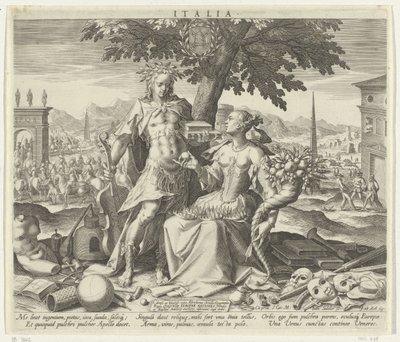 Włochy, z Wenus i Apollo Włochy (tytuł na obiekcie) Alegoryczne przedstawienia krajów europejskich (tytuł serii) autorstwa Johann Sadeler (I)