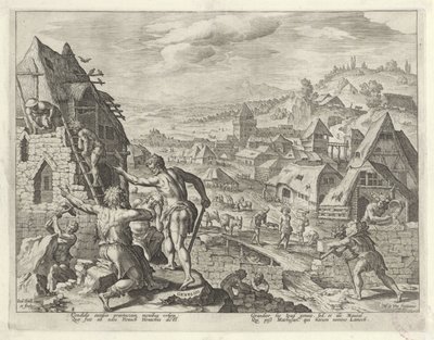 Kain buduje miasto Enoch Historia rodziny Kaina / O dobrych i złych uczynkach (tytuł serii) Boni et mali scientia (tytuł serii) autorstwa Johann Sadeler (I)