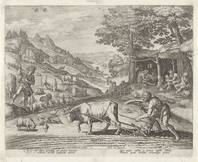 Kain i Abel jako rolnik i pasterz Historia rodziny Kaina / O dobrych i złych uczynkach (tytuł serii) Boni et mali scientia (tytuł serii) autorstwa Johann Sadeler (I)