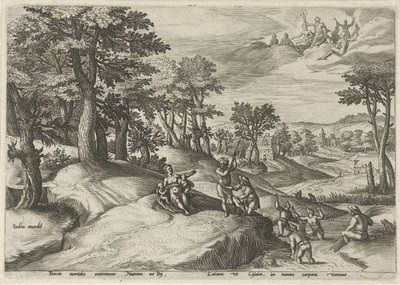 Leto (Latona) zamienia Lycians w żaby Pejzaże ze scenami mitologicznymi (tytuł serii) autorstwa Johann Sadeler (I)