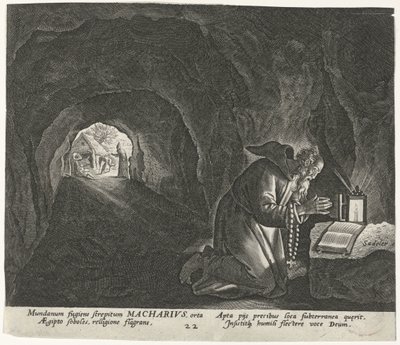 Makary Egiptu jako pustelnik Mężczyzna pustelnicy (tytuł serii) Solitudo Sive Vitae Patrum Eremicolarum (tytuł serii) autorstwa Johann Sadeler (I)