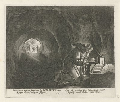 Makary Egiptu jako pustelnik Mężczyzna pustelnicy (tytuł serii) Solitudo Sive Vitae Patrum Eremicolarum (tytuł serii) autorstwa Johann Sadeler (I)
