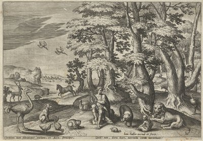 Orfeusz, tworzący muzykę dla zwierząt Pejzaże ze scenami mitologicznymi (tytuł serii) autorstwa Johann Sadeler (I)